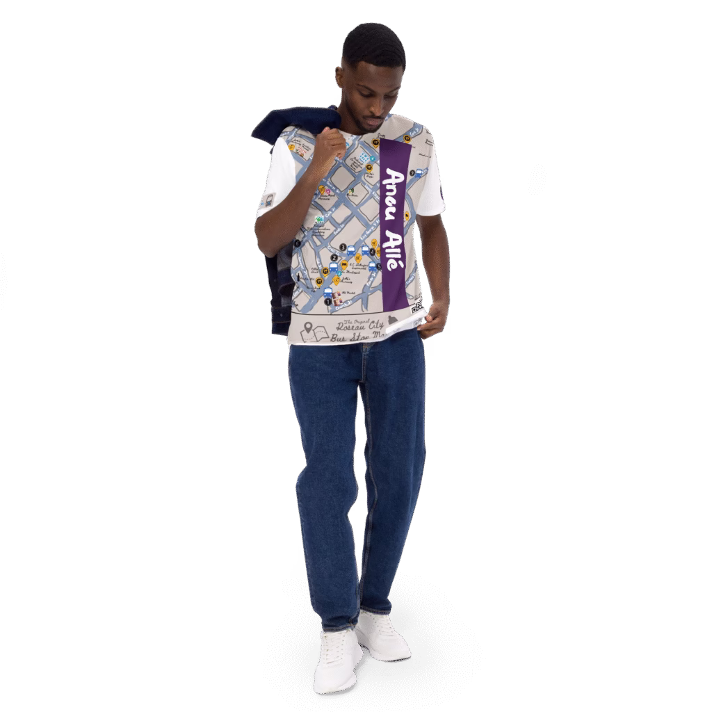 A man wearing the Anou Alle Crew Neck T-Shirt and Jeans with a jacket over one shoulder