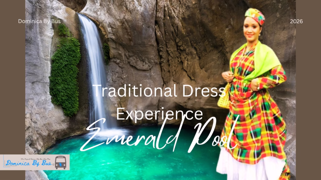 Woman in Traditional Dominican National Dress Wob Dwiyet Standing in Front of Emerald Pool