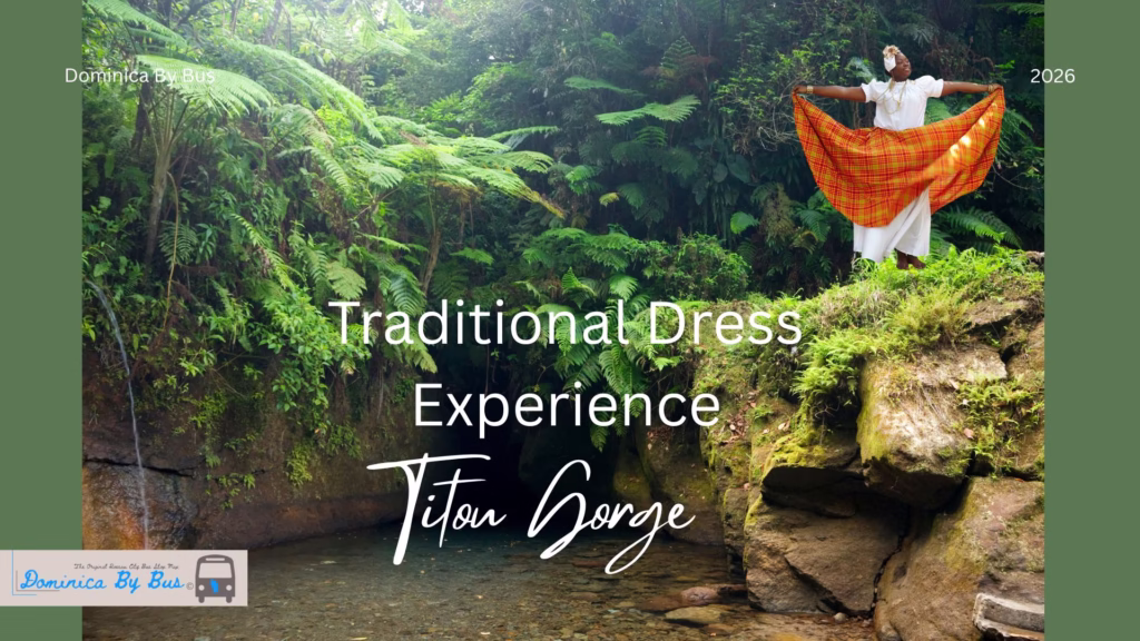 Woman in Traditional Dominican National Dress Wob Dwiyet posing for a picture at Titou gorge